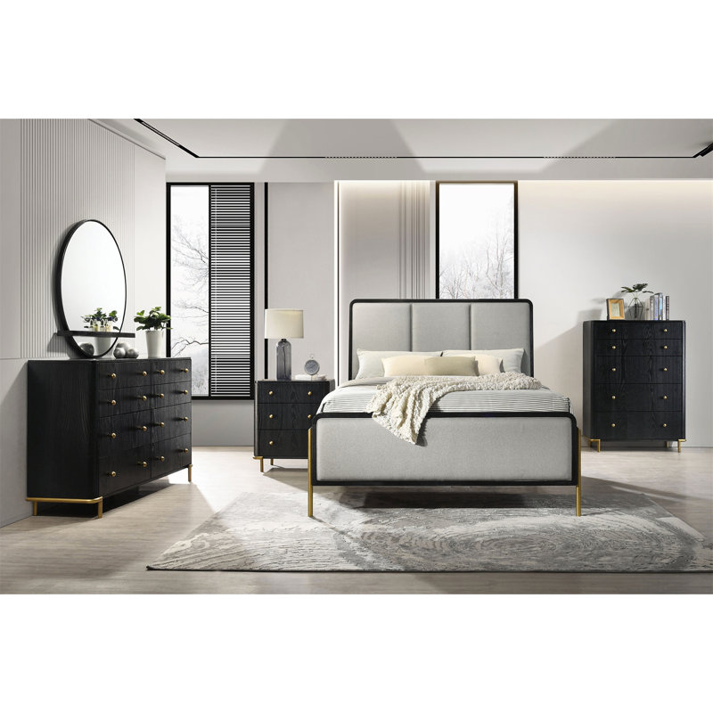 Ensemble de chambre à coucher avec lit très grand moderne noir et gris 5 pièces avec accents glamour et beaucoup de rangement