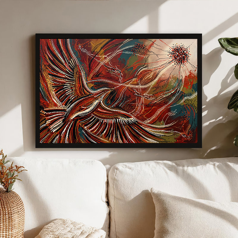 Peinture abstraite rouge et noire sur toile à plumes tourbillonnantes, 12"H x 18"W