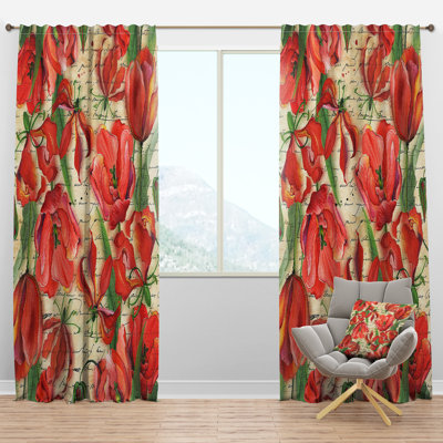 Seamless Red Flower Pattern - Farmhouse Curtain - Velvet Room darkening - 1 panel