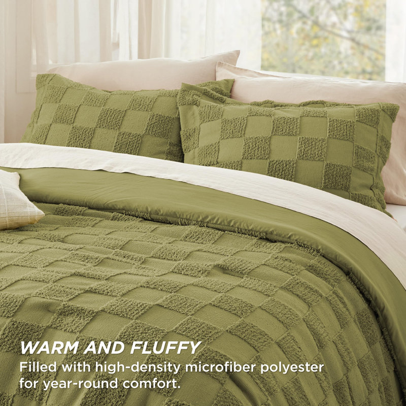 Bedsure Boho Tufted Checkered Farmhouse Comforter Set, Olive Green, Queen Comforter + 2 Standard Shams