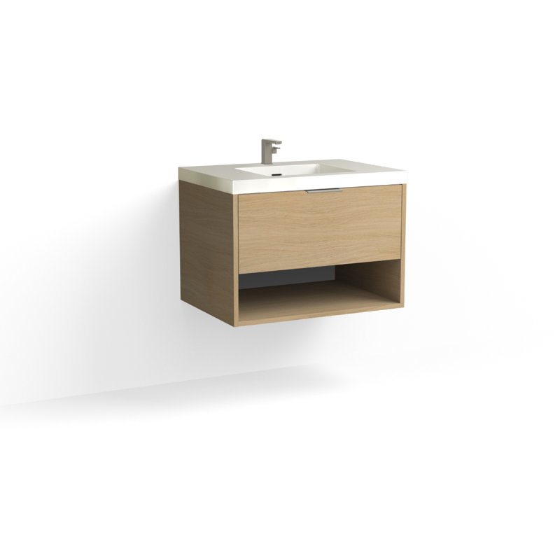 Modo 30" W Wall Mounted Single Bathroom Vanity, Glossy White/Single, Satin Brass, Nocino