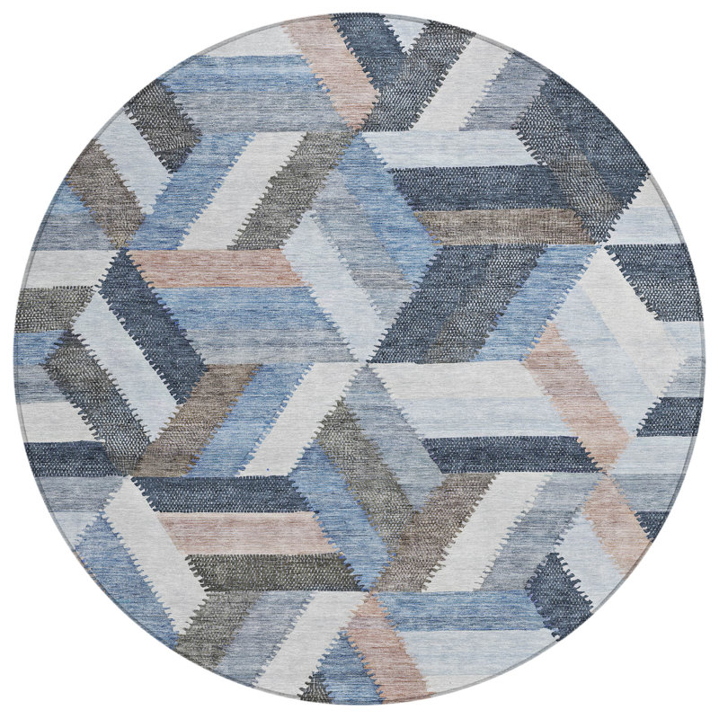 Machine Washable Indoor/Outdoor Claudian ACN1241 Blue Rug, Round 8'