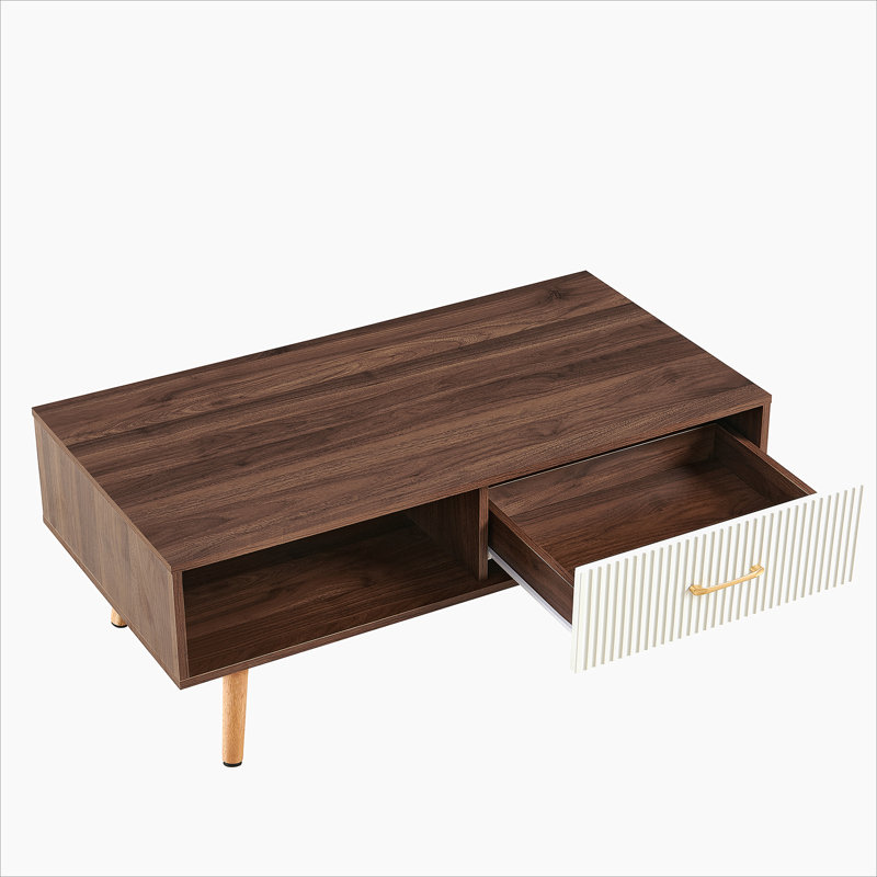 Boho Rectangle Coffee Table with Solid Wood Legs & Sliding Storage Drawer, Modern Living Room or Office Center Table