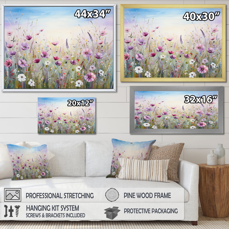 Fleurs sauvages Meadows III - Art mural champ de fleurs, Cadre simple blanc, H 16 po x l 32 po x P 1 po