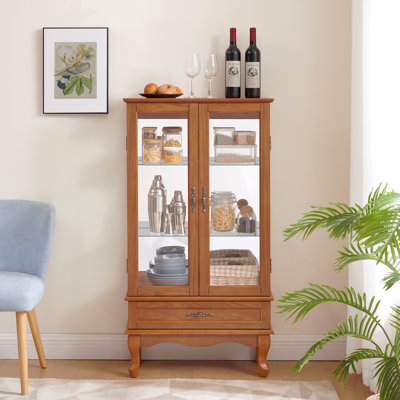 Armoire vitrée éclairée vitrine vitrée avec tablettes réglables en verre 2 portes et 1 tiroir avec ampoule incluse