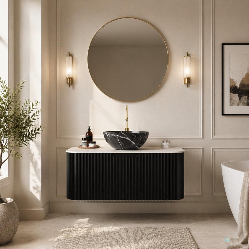 Meuble-lavabo DINA de 48 po avec lavabo, armoire de rangement murale suspendue aux bords incurvÃ©s et Ã  rayures, dotÃ©e de 2 tiroirs ; lavabo en cÃ©ramique avec motif pierre, prÃ©assemblÃ©