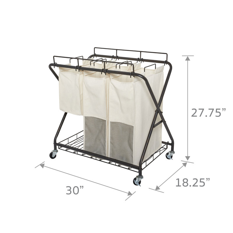 Chariot de panier à linge avec roulettes 3 sacs Artesa Verona, noir