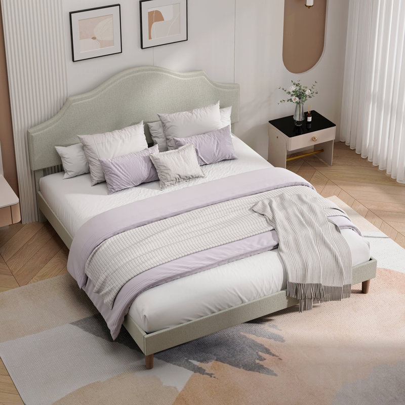 Cadre de lit très grand Cadre de lit plateforme tapissier avec tête de lit ajustable, tissu de lin rembourré, structure de lit plateforme simple et moderne, sans sommier, beige