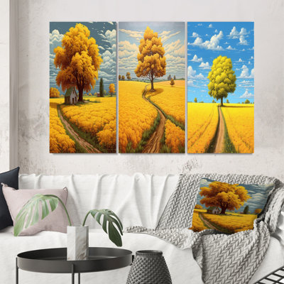 «Arbre jaune dans un pré doré en fleurs», 3 pièces sur toile
