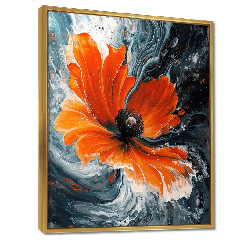 Fleur de coquelicot peinte rouge - salon d'art mural coquelicot, H 20 po x l 12 po, Cadre flottant doré, bois massif