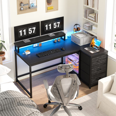 Petit bureau d'ordinateur en L avec 3 tiroirs, lumières à DEL, prise de courant et support pour écran