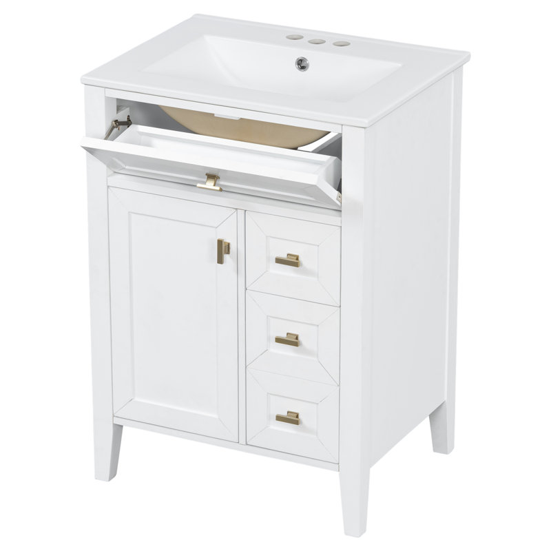 Meuble-lavabo 24 po avec lavabo en céramique, 3 tiroirs et armoire, panneau de fibres à densité moyenne autoportant et base en bois d'hévéa