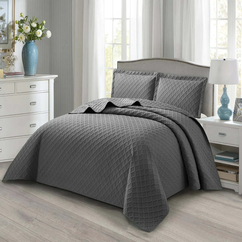 Bedspread Diamond Check Embossed Set with Pillow Shams, Textured All-Season Comfort, Single, Double, King & Super King, Grey