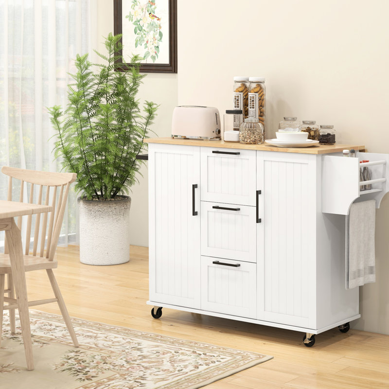 Îlot de cuisine à abattant avec fonction roulante, 3 tiroirs, 2 armoires, plateau en bois naturel, support à épices et porte-serviettes, porte-chariot de rangement blanc, tiroir pour optimiser l'espace