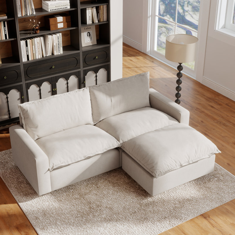 Canapé rembourré 3 pièces en tissu de lin avec repose-pieds Moncada, Beige