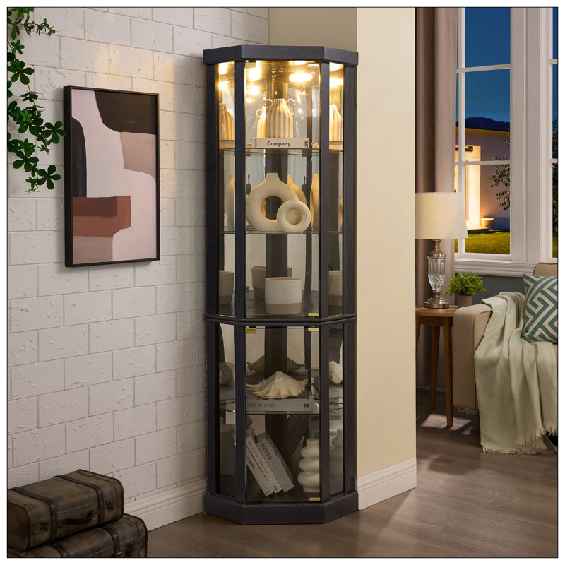 Vitrine de coin lumineuse - Vitrine élégante en verre pour le rangement du salon et du bar - Parfait pour les collections antiques et le vin - Comprend un éclairage intégré - Noir