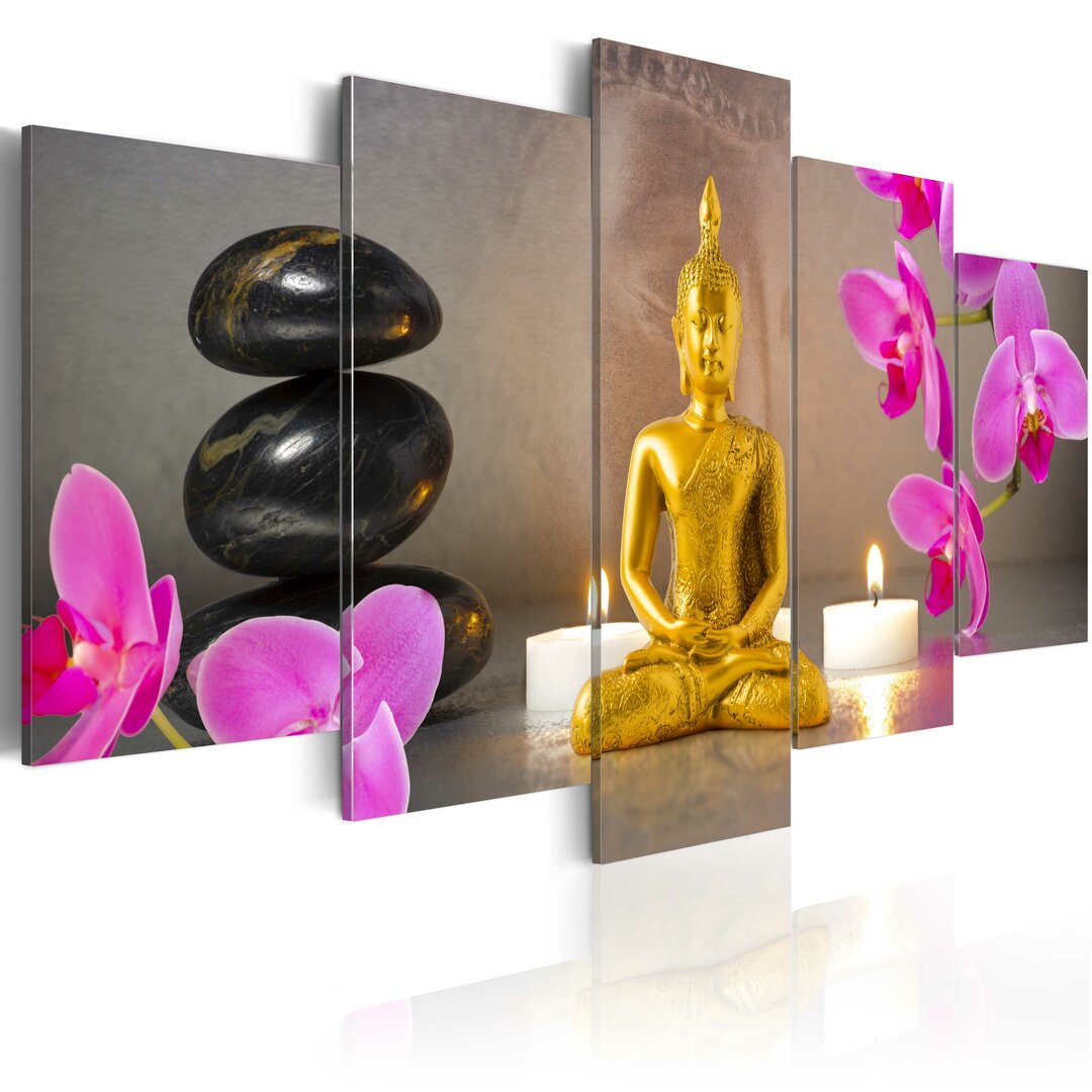 5-tlg. Leinwandbilder-Set Goldener Buddha und Orchideen