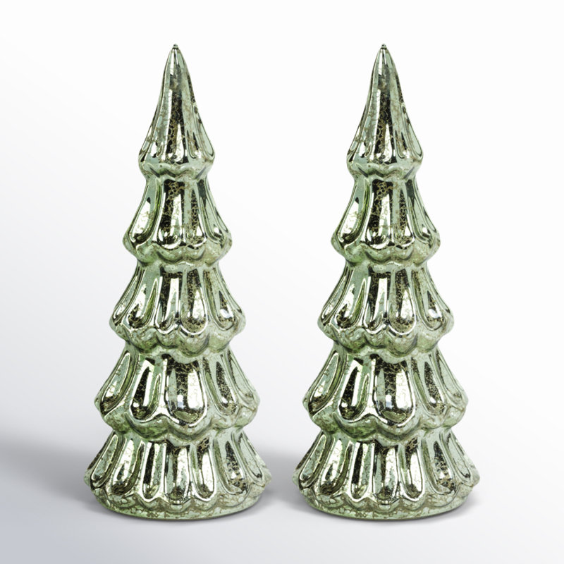 Marron Vintage Light Green LED Glass Tabletop Trees, Set of 2, 8.5" H x 3.25" W x 3.25" D