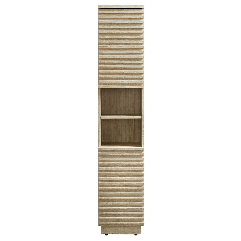 Tall Narrow Faux Travertine Linen Storage Cabinet with Adjustable Shelves