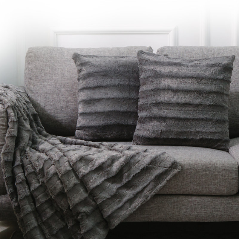 Luxurious Gray Faux Fur Throw Pillow Set - 16" x 16"