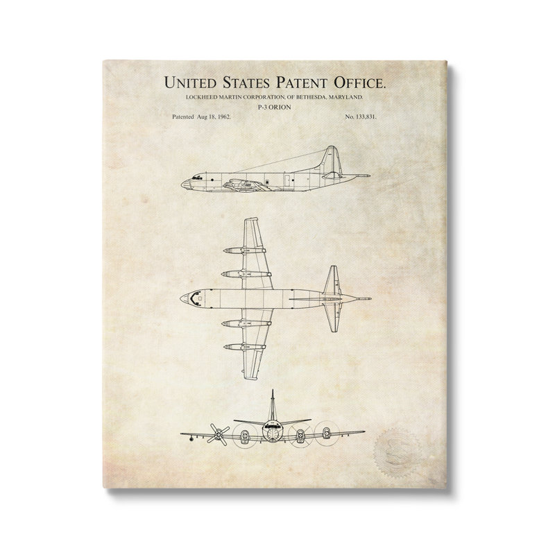 Schéma de brevet rétro avion vintage par Karl Hronek - impression, L 16 po x H 16 po, Giclée encadrée blanc bord de mer