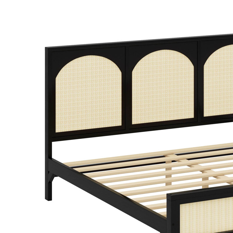 Lit plateforme avec tête et pied de lit en rotin, cadre de lit en rotin en bois de ferme avec pieds en bois, cadre de lit rétro