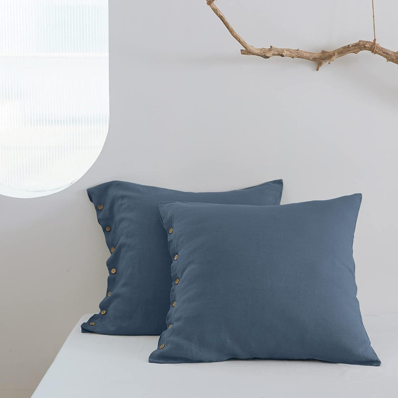 Housse de couvre-oreiller 100% lin lavé 100% euro, ensemble de 2 26 po x 26 po, Bleu classique