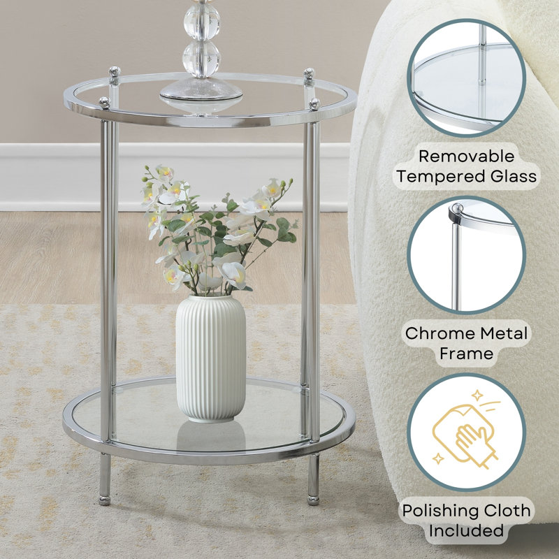 Carolina Round Glass End Table with Metal Shelf, Chrome