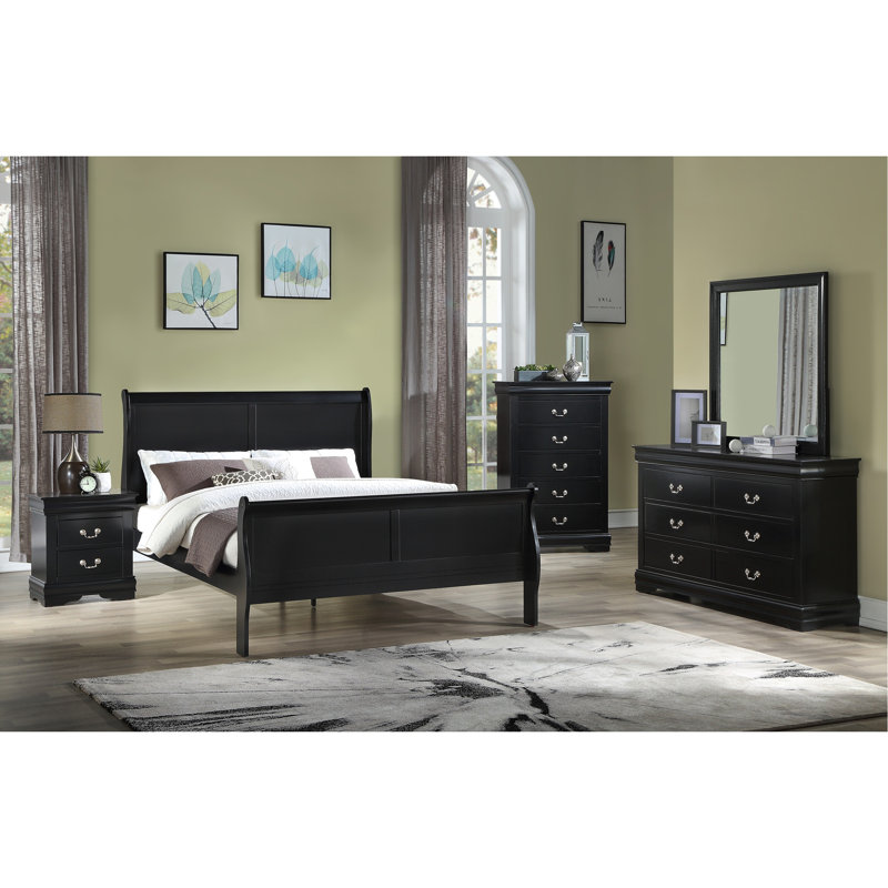 Mobilier de chambre à coucher en bois massif Louis Louis, Très grand lit, Noir
