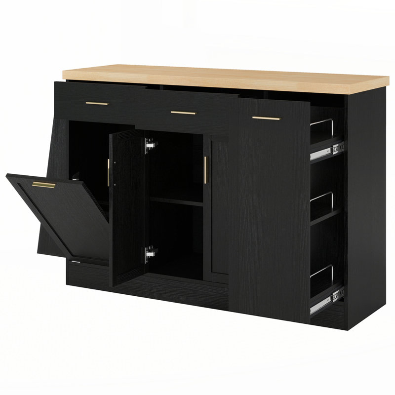 Multi-Functional Storage Sideboard Sliding Door Cabinet with 3-Tier Spice Rack, Black