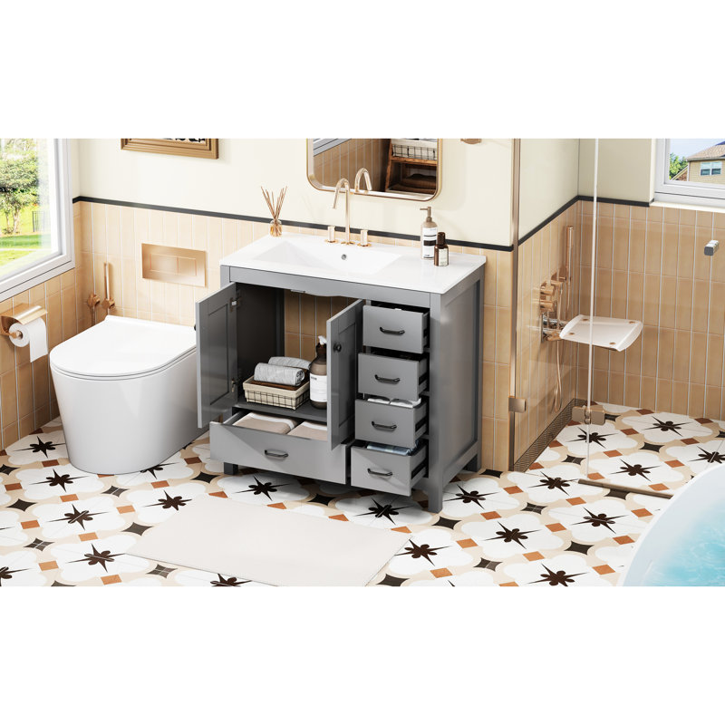 Meuble-lavabo gris 36 po avec lavabo en céramique, 5 tiroirs, fonction de fermeture en douceur, rangement spacieux pour les serviettes, fonctionnement silencieux de la salle de bain de 36 po, attrait intemporel