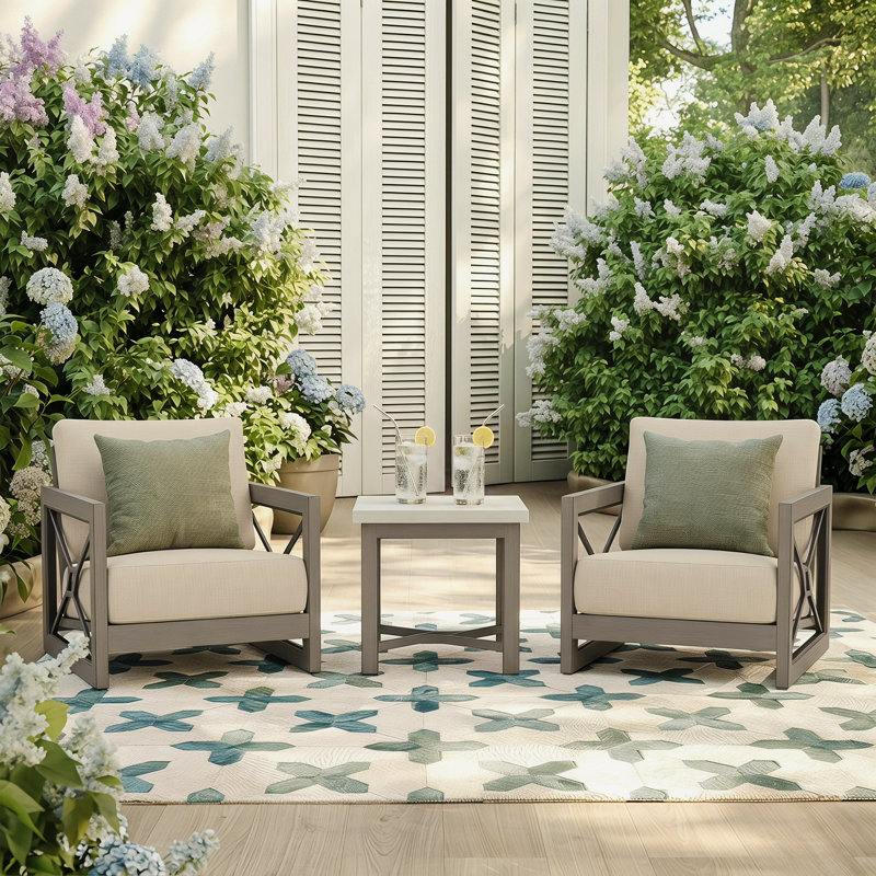 Ensemble de conversation pour patio en aluminium pour 2 personnes avec table d'appoint en béton composite et coussins Sunbrella®