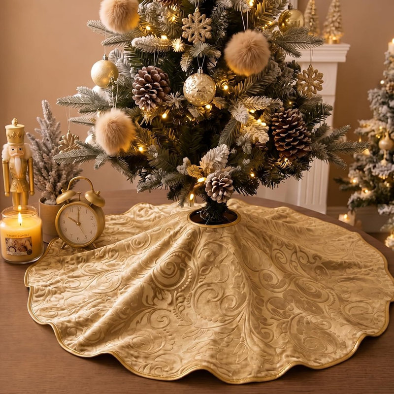 Gold Velvet Christmas Tree Skirt, Elegant Scalloped Edge, Luxury Holiday Tree Base Décor