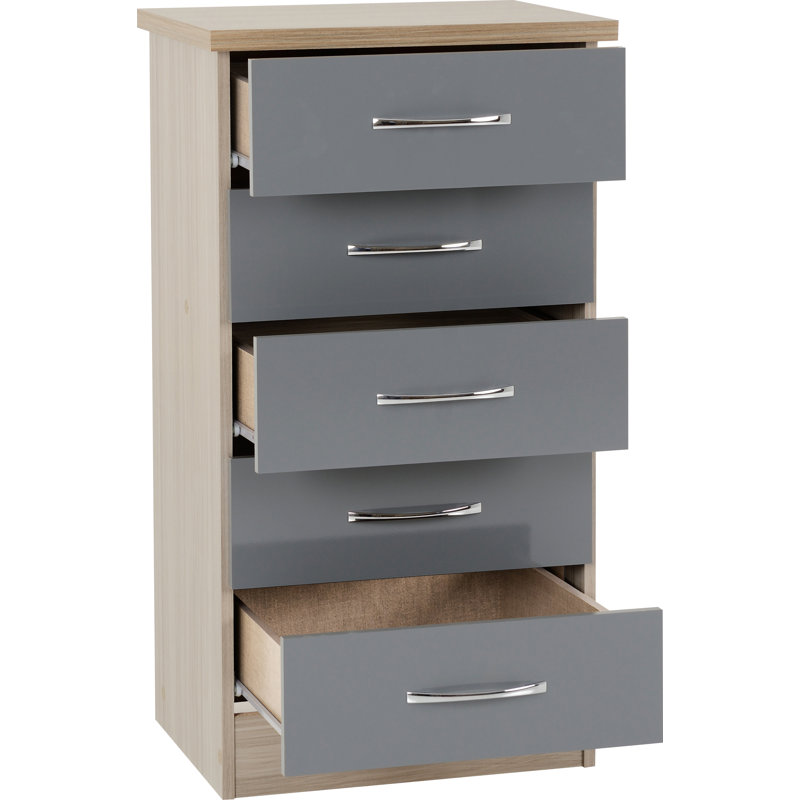 Kosie 5 Drawer Narrow Chest, Grey Gloss/Light Oak Effect Veneer