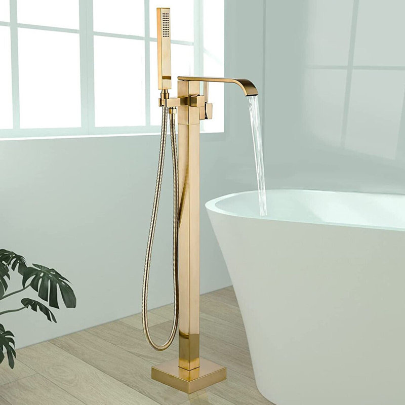 Brushed Gold Freestanding Waterfall Tub Faucet with Hand Shower