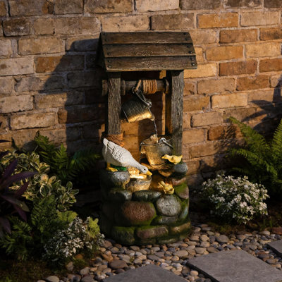 Statue de jardin rustique à souhait avec famille de canards, statuaire d'extérieur en résine avec fontaine en cascade et lumière DEL chaude pour la cour