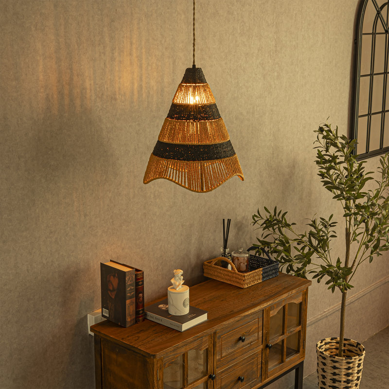 1-Light Farmhouse Woven Cone Hanging Light In Brass Finish