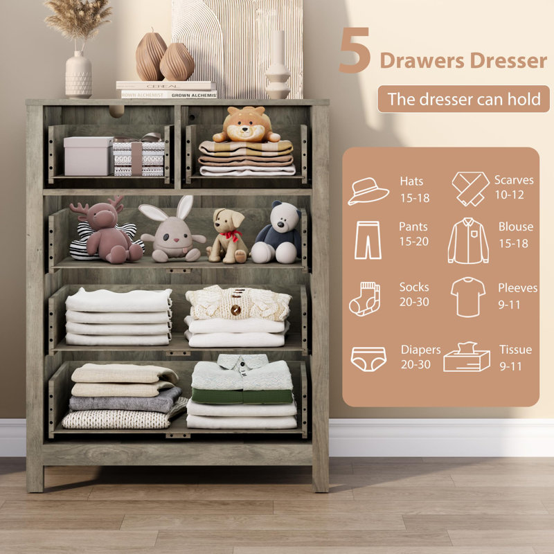 Grande commode 5 tiroirs avec tiroirs profonds et boutons en métal, commodes modernes en bois, Gris