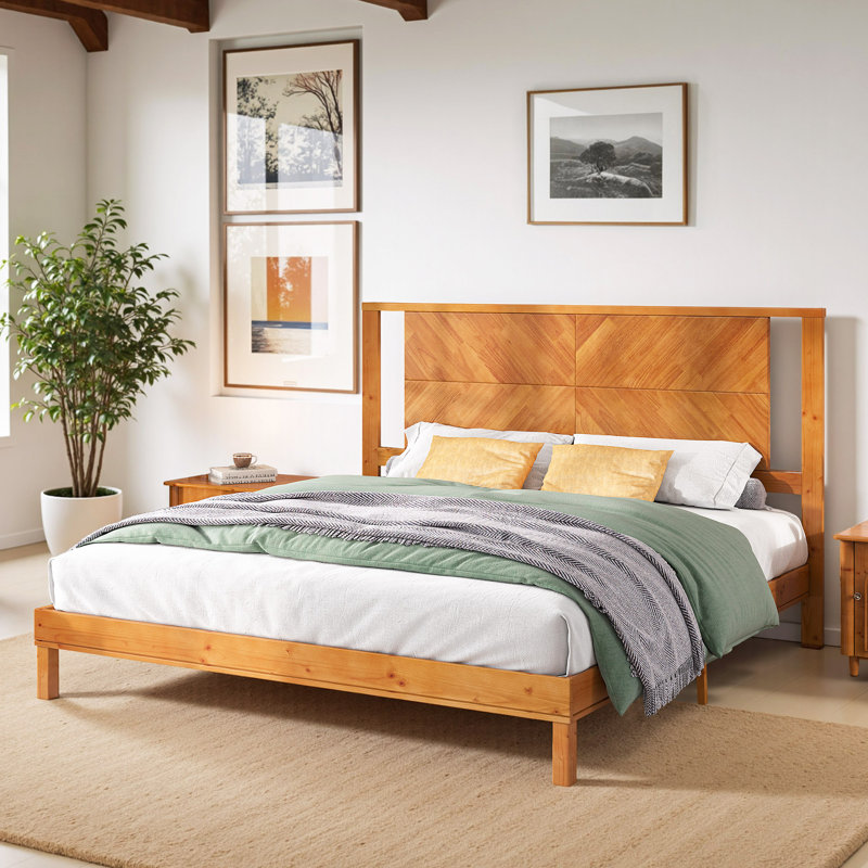 Mid-century Modern King Size Solid Wood Bed Frame With Headboard, Yellow/Brown, King