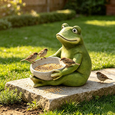 Moss Green Frog Statue Holding Bowl, Cute Animal Bird Feeder Figurine, Outdoor Garden Landscape Sculpture Ornament for Front Porch, Backyard Lawn, Patio, Walkway Home Decor