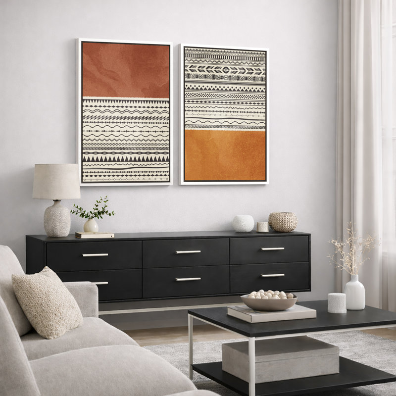 «Geometric Line», «Orange brun Tribal Boho Artwork», images murales bohémiennes abstraites, impression sur toile encadrée, 2 pièces
