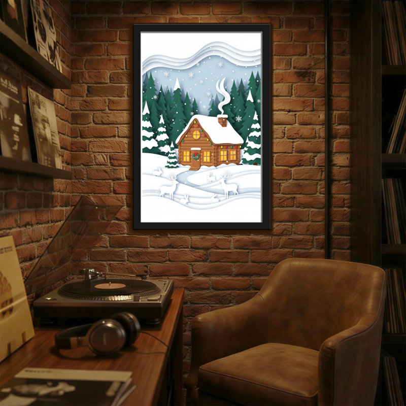Scène d'hiver de Noël, neige, chalet, forêt, cerf, H 24 po x l 16 po