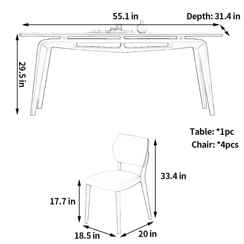 Stylish and Simple Dining Table and Chairs, 29.5"H x 55.1"L x 31.4"W