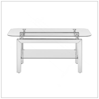 Modern Tempered Glass Coffee Table With Mirrored Legs And Shelf For Living Room