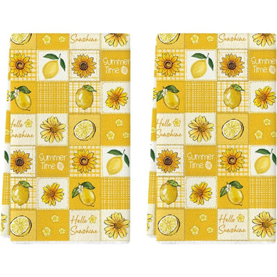Ensemble de 2 serviettes de cuisine à carreaux, tournesols et citrons