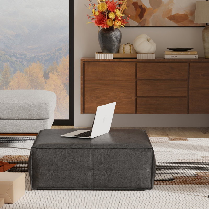 Brody 36"W Vegan Leather Extra Large Square Coffee Table Pouf, Distressed Black Faux Leather