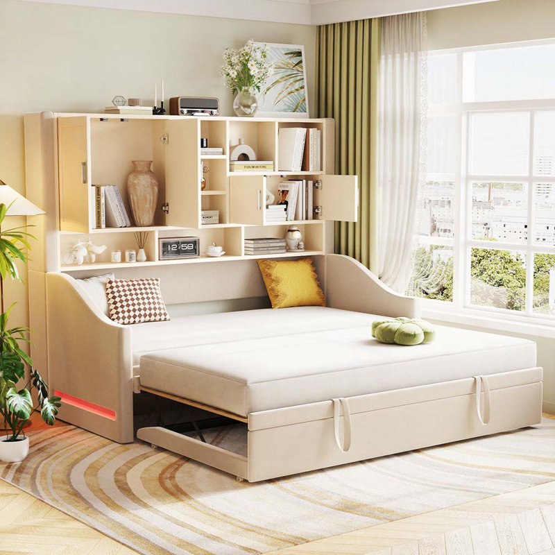Upholstered Daybed with LED Armrest Lights, Storage Shelves & Cabinets, Pull-Out Lift-Up Twin Trundle, Beige