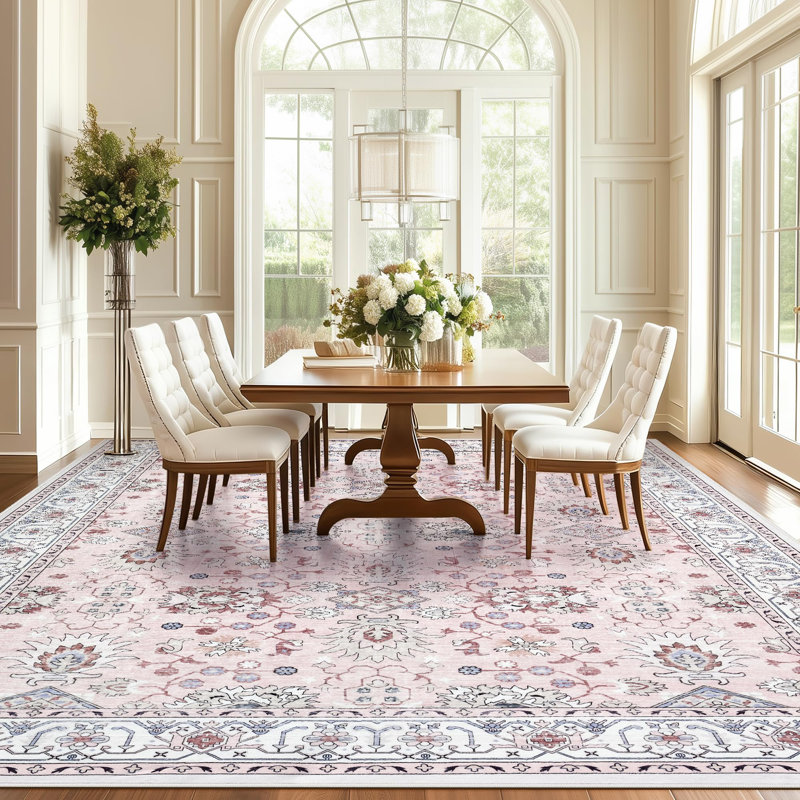 8x10 Area Rug for Living Room, Washable Vintage Printed Soft Rugs, Non Slip Low Pile Carpet for Bedroom, Dining Room, Living Room, Pink