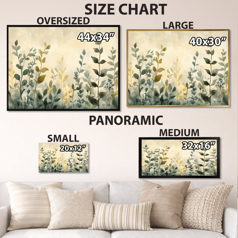 «Neutral Herb Horizon I», décoration murale en toile botanique beige, Cadre flottant brun, H 24 po x l 32 po