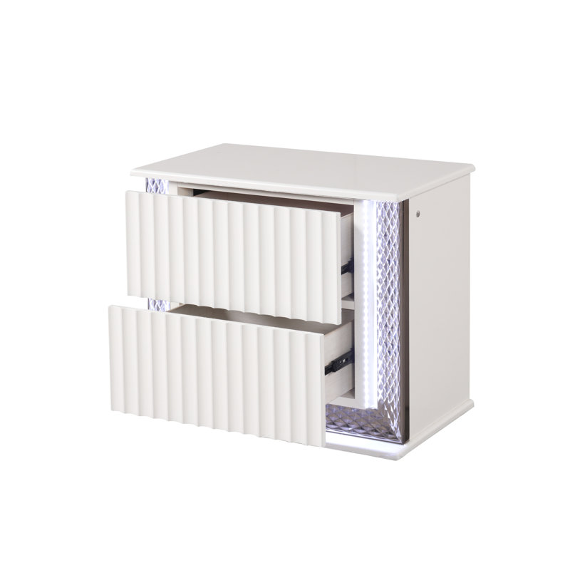 Table de chevet à 2 tiroirs à finition blanche avec accents latéraux en losange et éclairage à DEL, en bois manufacturé massif, d'une largeur de 27,16 po, d'une hauteur de 24,01 et d'une profondeur de 17,02, idéale pour la chambre à coucher moderne